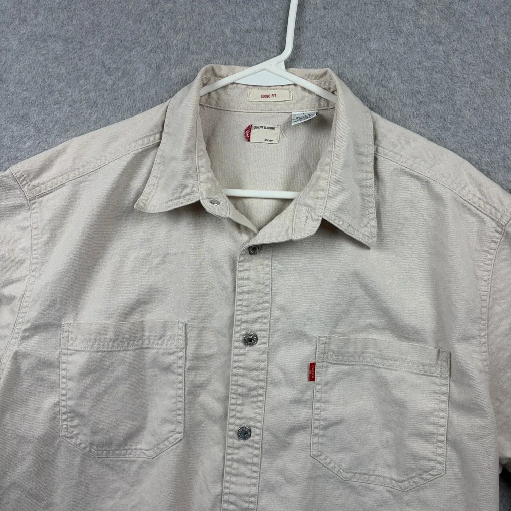 Vintage Levis Shirt Mens Large Beige Twill Metal Button Up Loose Fit Long Sleeve